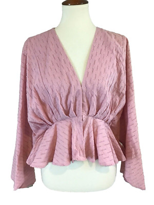 Womens Medium Pink Textured Peplum Balloon Sleeve Blouse Francescas Mi Ami NWT