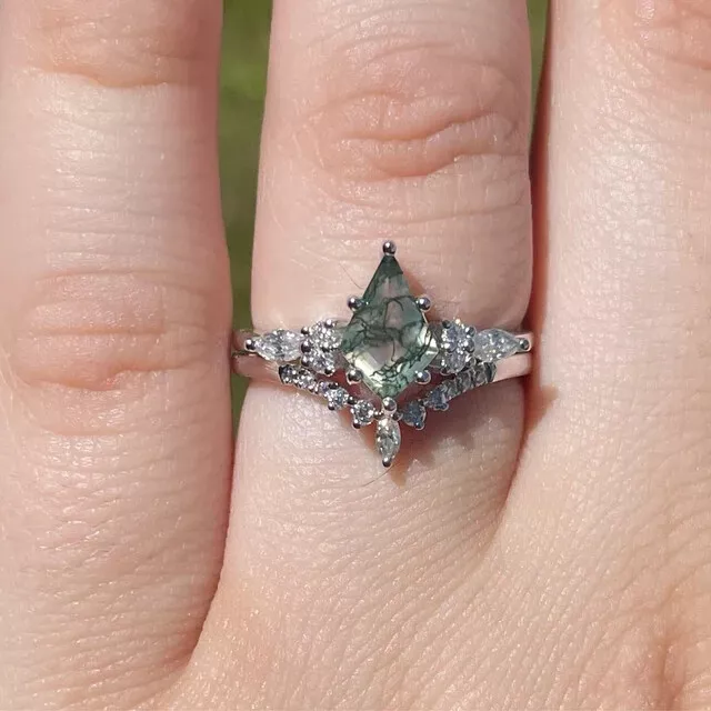 Green Moss Agate Ring Kite Ring Set 925 Sterling Silver Ring