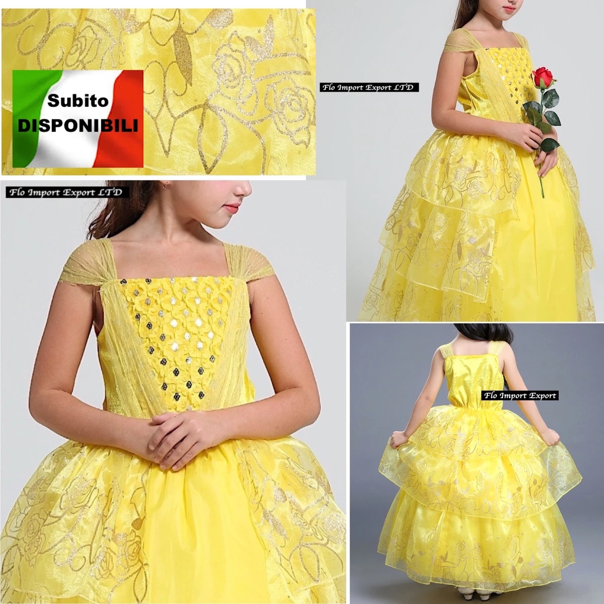 Costume Principessa Belle Per Bambina - Vestito Con Accessori (Corona, Bacchetta, Guanti, Collana), Taglie 2-8 Anni
