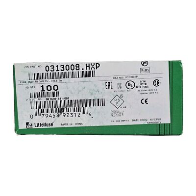 *1 Box of 100* LITTELFUSE 0313008.HXP FUSE, CARTRIDGE, 8A TIME DELAY