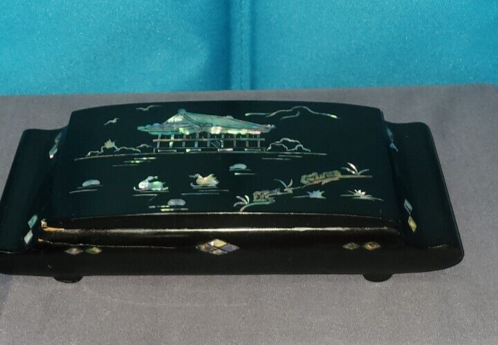 Japanese Cigarette Box w/ ashtray Black Lacquer Vintage Mother-of
