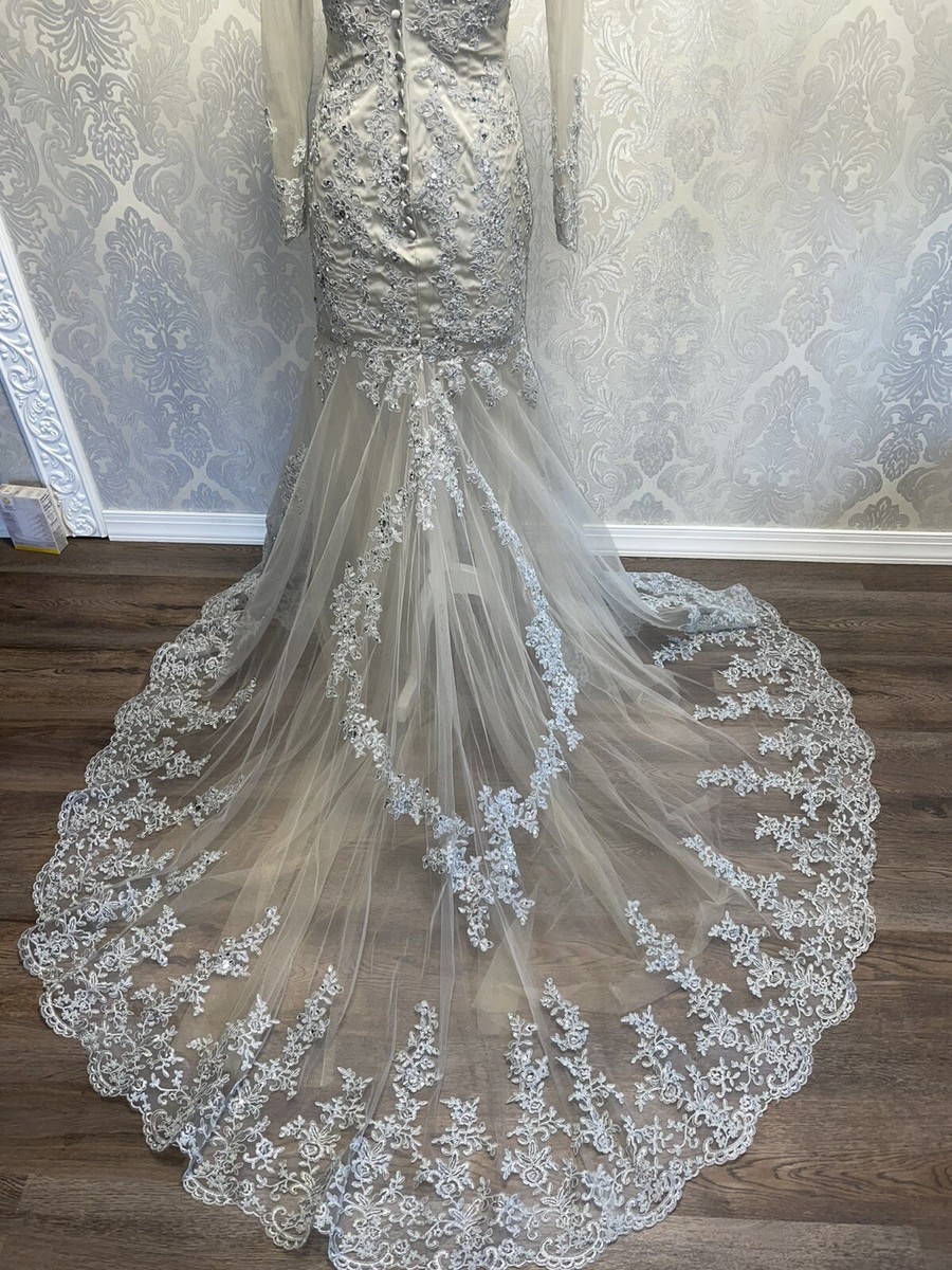 Wedding Dress Mermaid long sleeve silver Lace fully lined custom made size 4 | eBay Wedding Dress Mermaid long sleeve silver Lace fully lined custom made size 4 | eBay