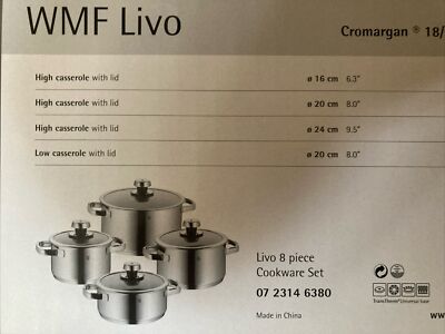 NEW WMF LIVO 8 PIECE COOKWARE SET 2.0,3.5,6.0 Qt High 2.6Low Casserole With Lids