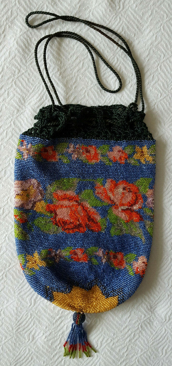 VINTAGE BEADED RETICULE DRAWSTRING BAG PURSE; GERMANY Gem