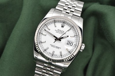 Rolex Datejust 36mm WG Fluted Bezel Steel Jubilee White Dial Roulette 116234 