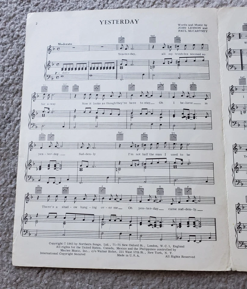 YESTERDAY Sheet Music John Lennon & Paul McCartney BEATLES 1965 Maclen Music - Image 3 of 4