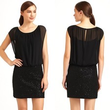 Adrianna Papell Dress 10 Black Little Black Dress Sequin Pleated Party LBD