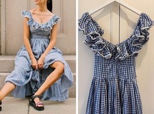 Women Doen U-neck Checked Ruffle Tank A-line Flare Midi Dress