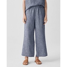 Eileen Fisher Puckered Organic-Linen Striped Wide-Leg Pants Size M Blue White
