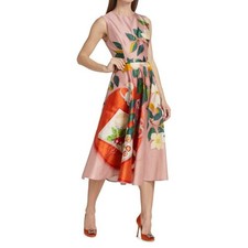 Oscar de la Renta Painted Tablescapes Dress Pink Floral A line Sleeveless Midi
