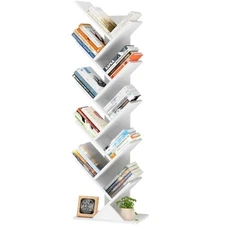 Tree Book Shelf, Floor Standing Wood Bookshelf for Narrow 10 Tier Elegant White