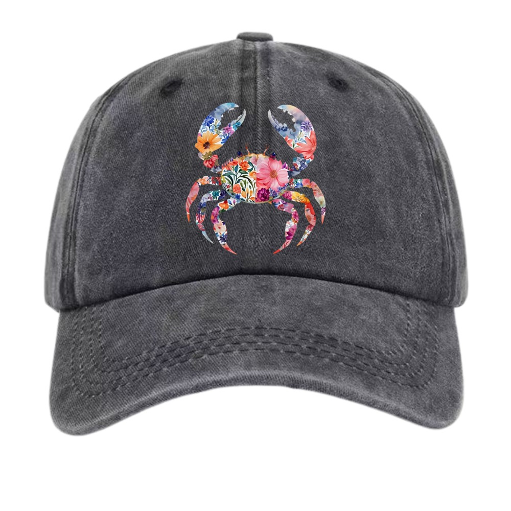 Floral Watercolor Crab Washed Dad Hat, Nautical Baseball Cap