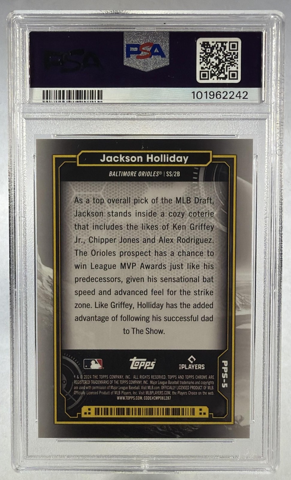 2024 Topps Cosmic Chrome Jackson Holliday Planetary Pursuit The Sun RC PSA 9 view 2