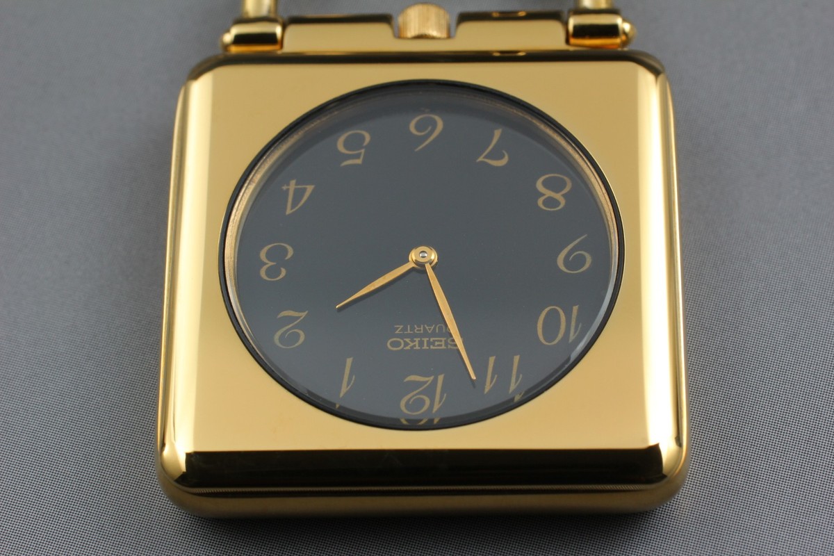 Vtg 1983 Seiko Trenew Pocket Watch 1400-1130 Black Gold Square