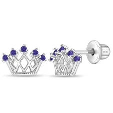 5 Point CZ Sterling Silver Crown Screw Back Girl Earrings