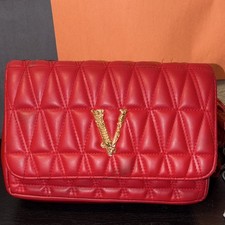 Versace Red Quilted Crossbody Bag Chain Strap Gold Hardware Magnetic Closure
