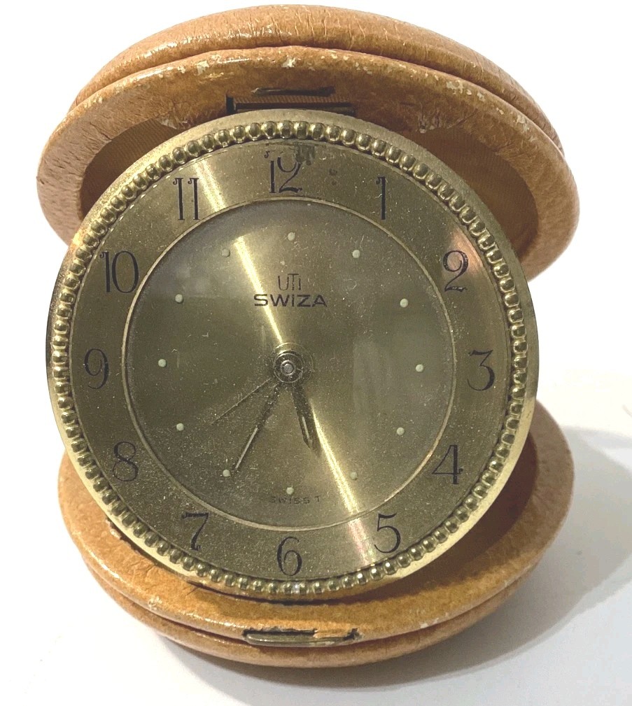 Swiza 8 Day Brass Brown Leather Wind Up Pocket Travel Clock 3