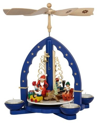 Pyramide Weihnachtszug blau für Teelichte und Kerzen Holz Höhe 27cm Zugmotiv