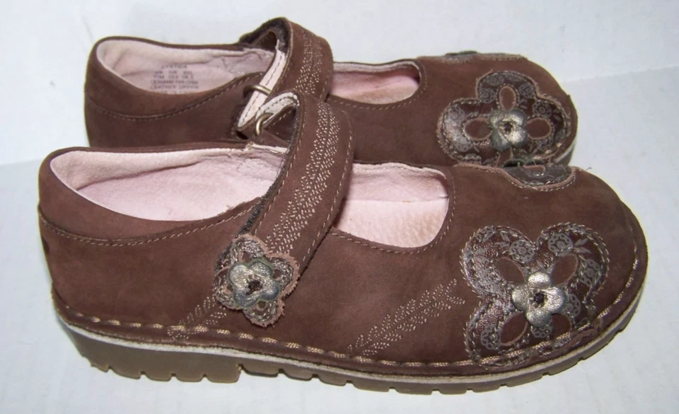 Stride Rite Niñas Talla 11M Mary Jane Zapatos "Maddy" Marrón Cuero Flores wVelc Foto 2 de 4