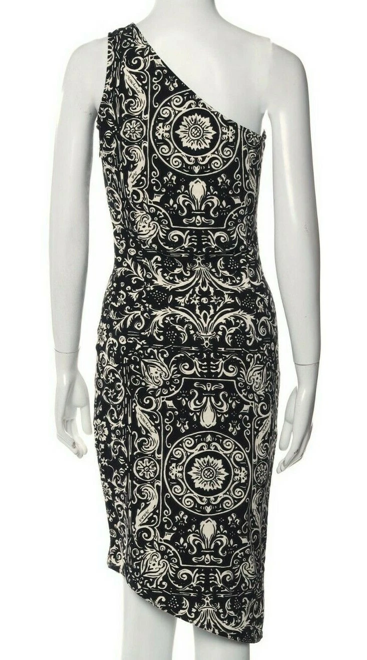 Abito MOSCHINO Jeans Denim Paisley blu navy monospalla asimmetrico USA 6 IT40