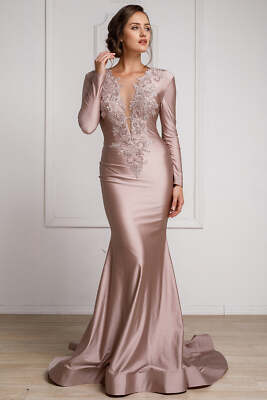 FORMAL LACE EMBELLISHED MAXI DRESS W/ LONG SLEEVES & ILLUSION PLUNGING  NECKLINE | eBay