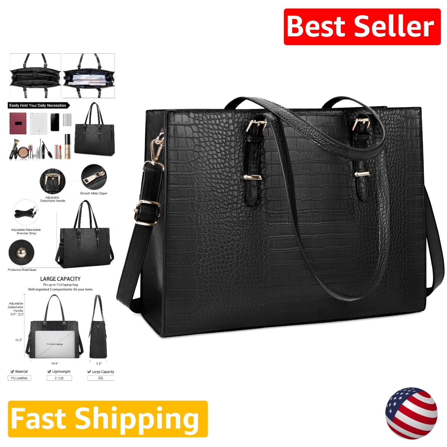 Women's 15.6 Inch Laptop Tote Bag - Stylish Crocodile Leather Briefcase