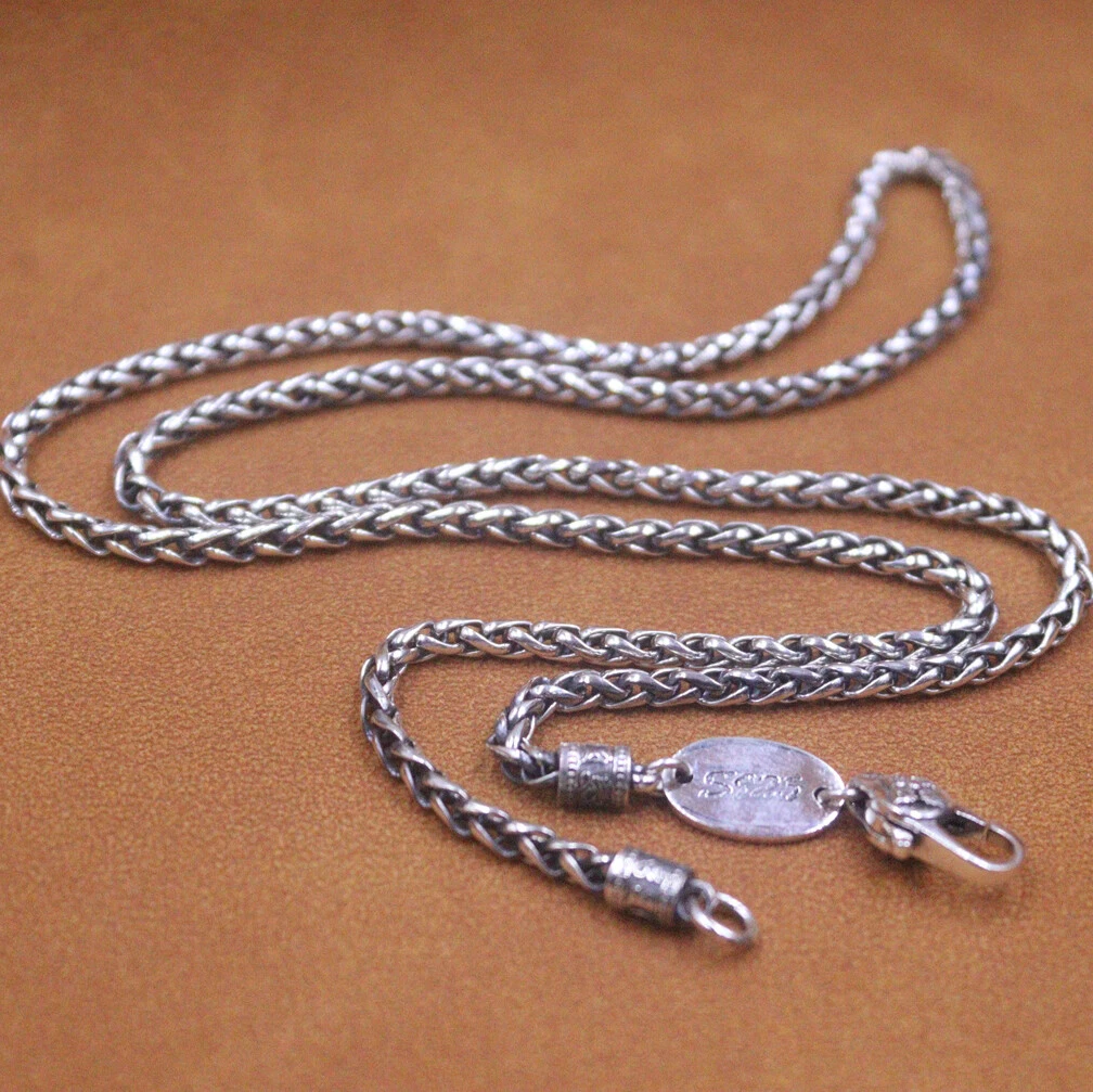 Real 925 Sterling Silver Necklace Women Men 3mm Wheat Link Chain