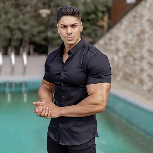 Mens Button Down Short Sleeve Solid Shirts Casual Muscle Slim Fit Tops Tee Shirt - Picture 2 of 19