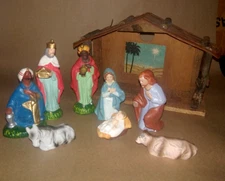 Vtg Paper Mache type Nativity Set Japan Creche Stable Manger Christmas 8 Figures