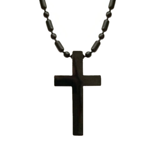 20" Mens Small Black Cross Pendant Necklace 316L Stainless Steel Bead Chain - Picture 1 of 4