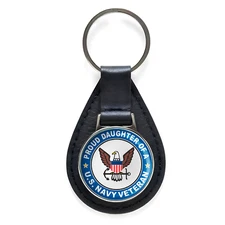 U.S. Navy Veteran Proud Daughter Black Leather Keychain Silver Keyring Military