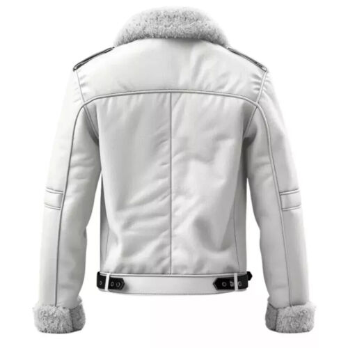 Men's White Shearling Aviator Sheep Leather Jacket Winter Warm Sherpa-Lined Coat - Picture 3 of 4