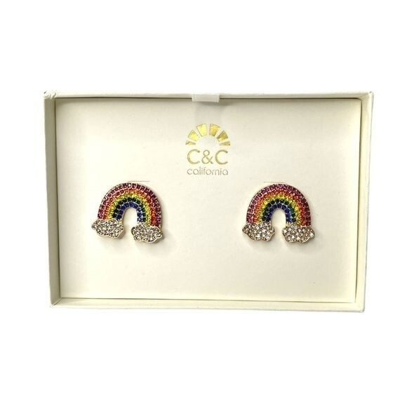 Rainbow Rhinestone Pierced Post Earrings Gold C&C California New in Box