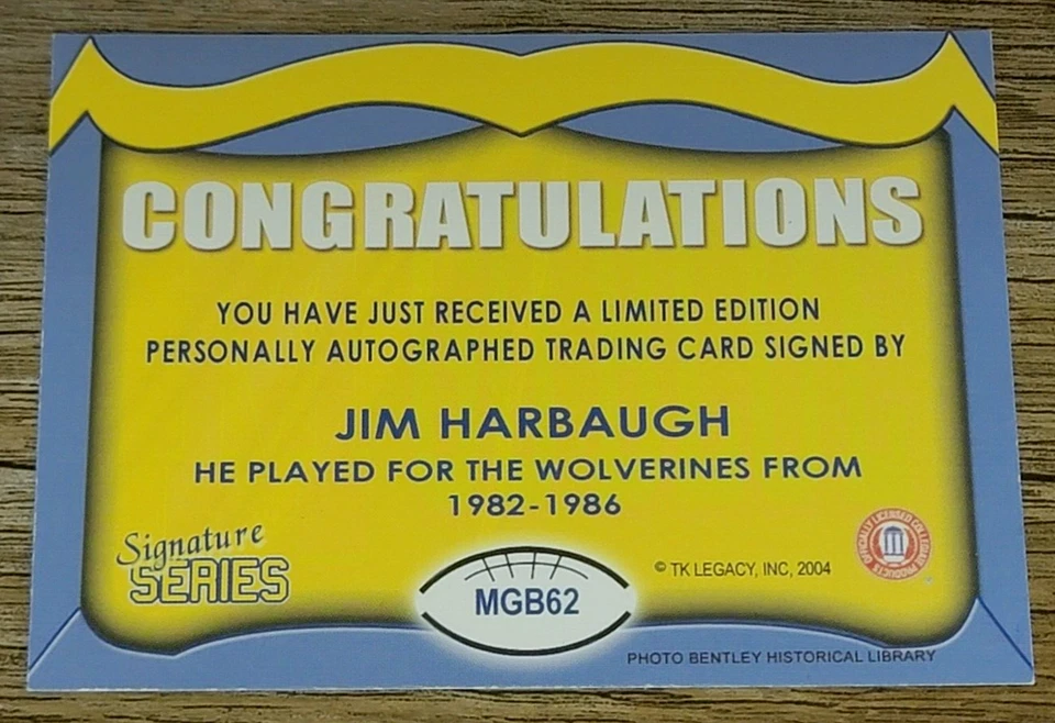 TK Legacy Michigan Wolverines MGB62 Jim Harbaugh Autograph - Image 2 of 2