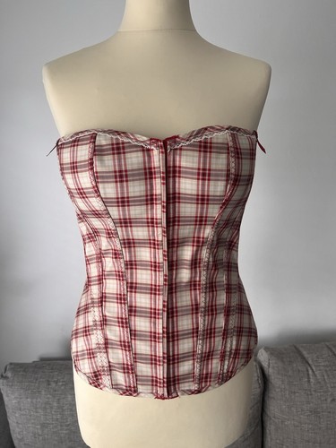 M&S Limited Collection Fully Boned Burgundy & Cream Check Corset Size 14 - BNWT - Picture 9 of 16