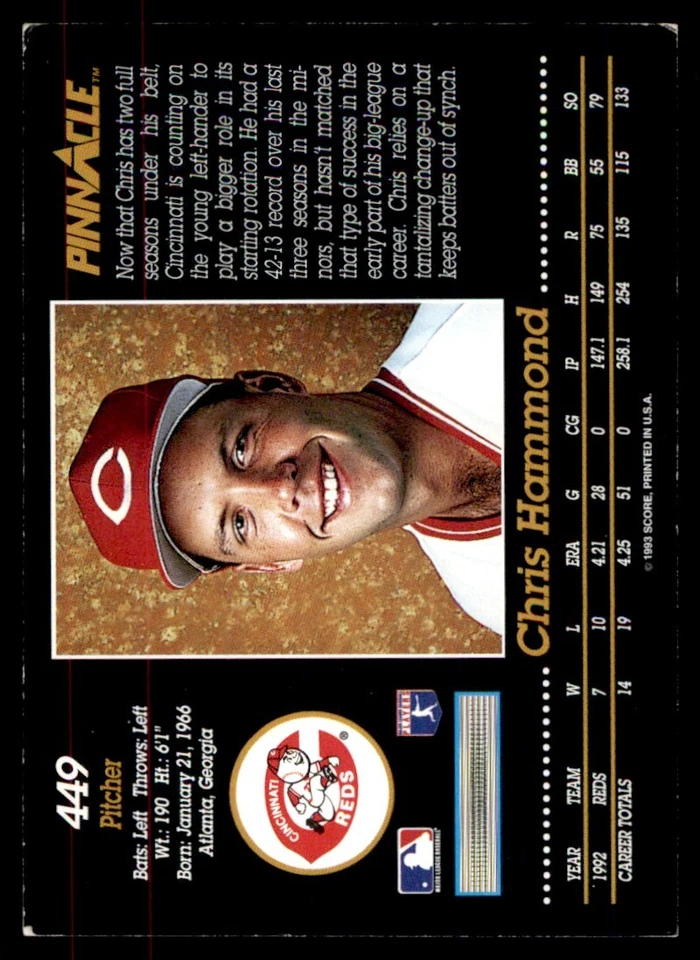 1993 Pinnacle Chris Hammond Cincinnati Reds #449 - Image 2 of 2