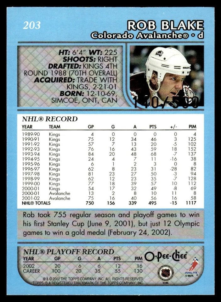 2002-03 Topps O-Pee-Chee Blue Line Rob Blake /500 Colorado Avalanche #203 - Image 2 of 2
