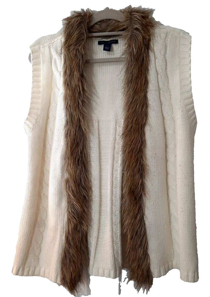 Women's Sweater Vest Open Cardigan Faux Fur Trim Cable Knit Y2K Large  Bandolino