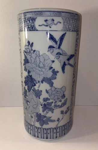 Vintage Umbrella Stand Blue and White Greek Key Chinoiserie Birds Chinese 18”