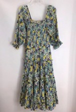 LoveShackFancy Blue Capri Floral Print Smocked 3/4 Sleeve Midi Dress Size XS