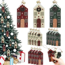 12 Pcs Wooden Christmas Village Door Hanging Ornament Farmhouse Xmas Tree Tag...