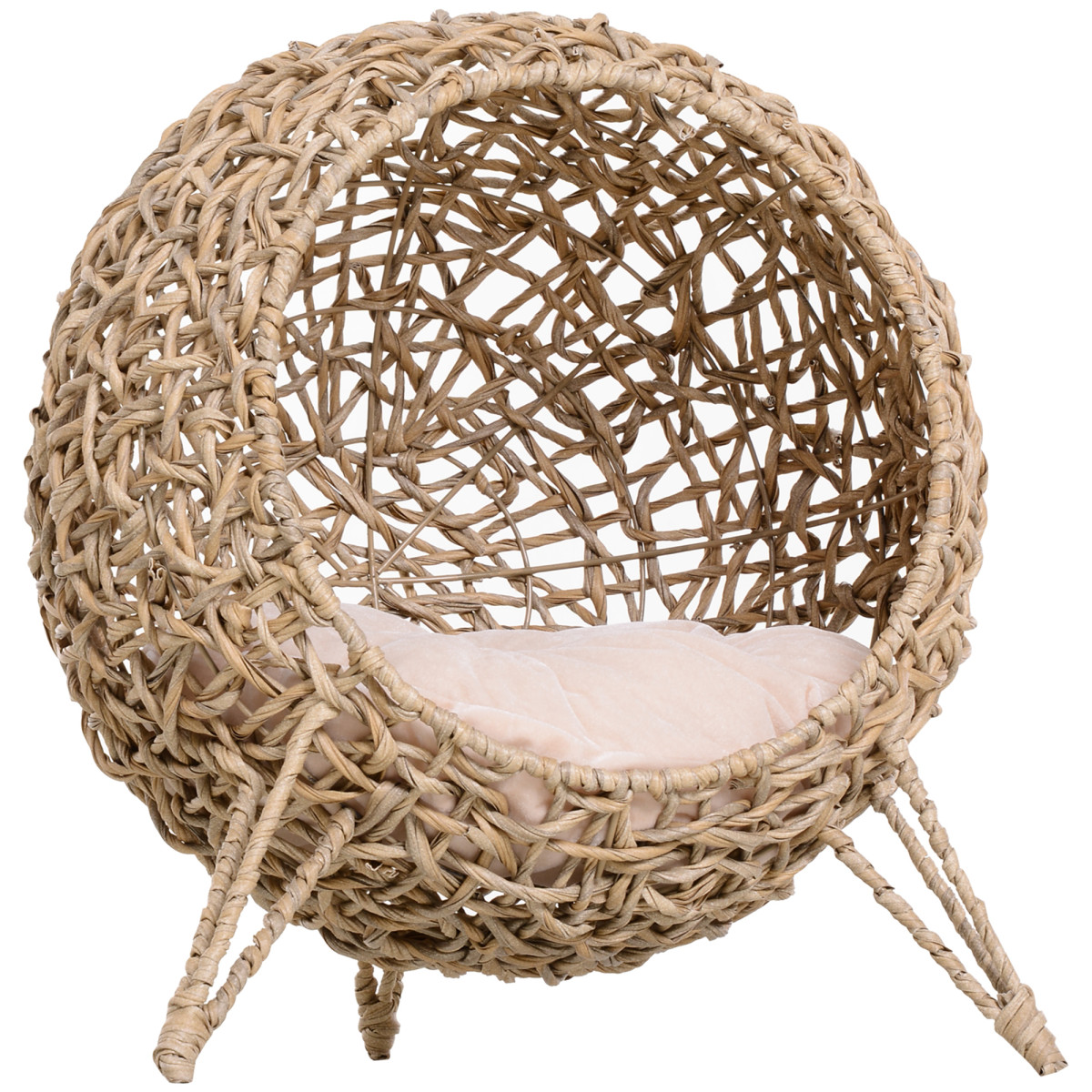 Blue Pirate Wicker Cat House, Ball-Shaped Rattan Raised Cat Bed - Natural Wood Finish - Image 2