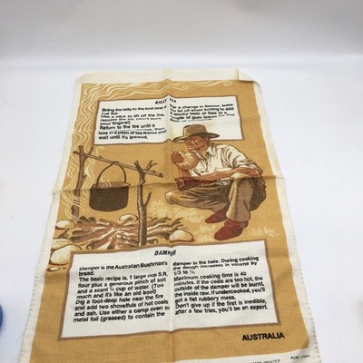 Vtg Australia Billy Tea Linen Tea Towel Damper Recipe Cowboy Outback READ