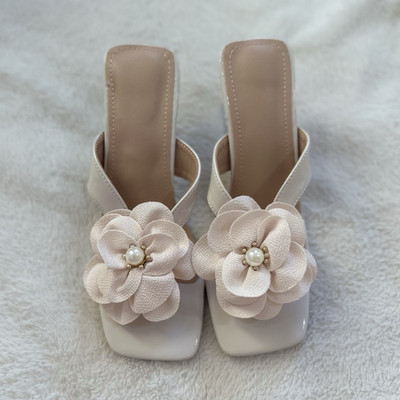 Women s Beige Slide Sandals Slip On Synthetic Block Heel Flower Pearl Solid