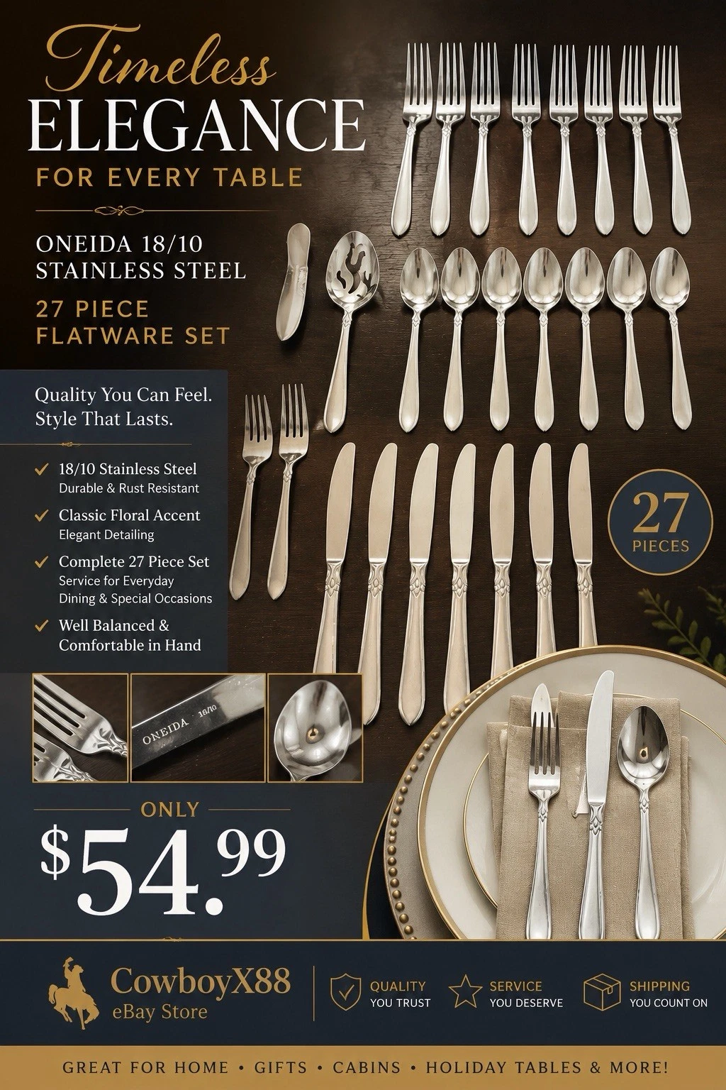 Oneida 18/10 Stainless Flatware 27 Piece Set Forks Spoons Knives Serving
Opens in a new window or ta
