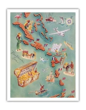 Map of Caribbean Islands - Tiki Bar and Restaurant Vintage Map 1940s