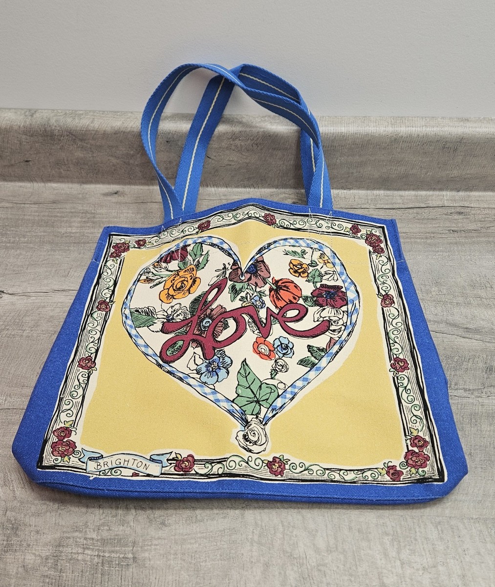 BRIGHTON LARGE CANVAS TOTE TIED WITH LOVE NEW BLUE YELLOW HEART SWALLOWS