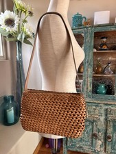 Vintage Fossil Camel Brown Weave Leather Shoulder Bag Purse Classic W/ Key Charm
