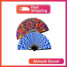 Plzoslly 2 Pack Large Folding Fan Bamboo Foldable Hand Fan, Rave Hand Fan Chines