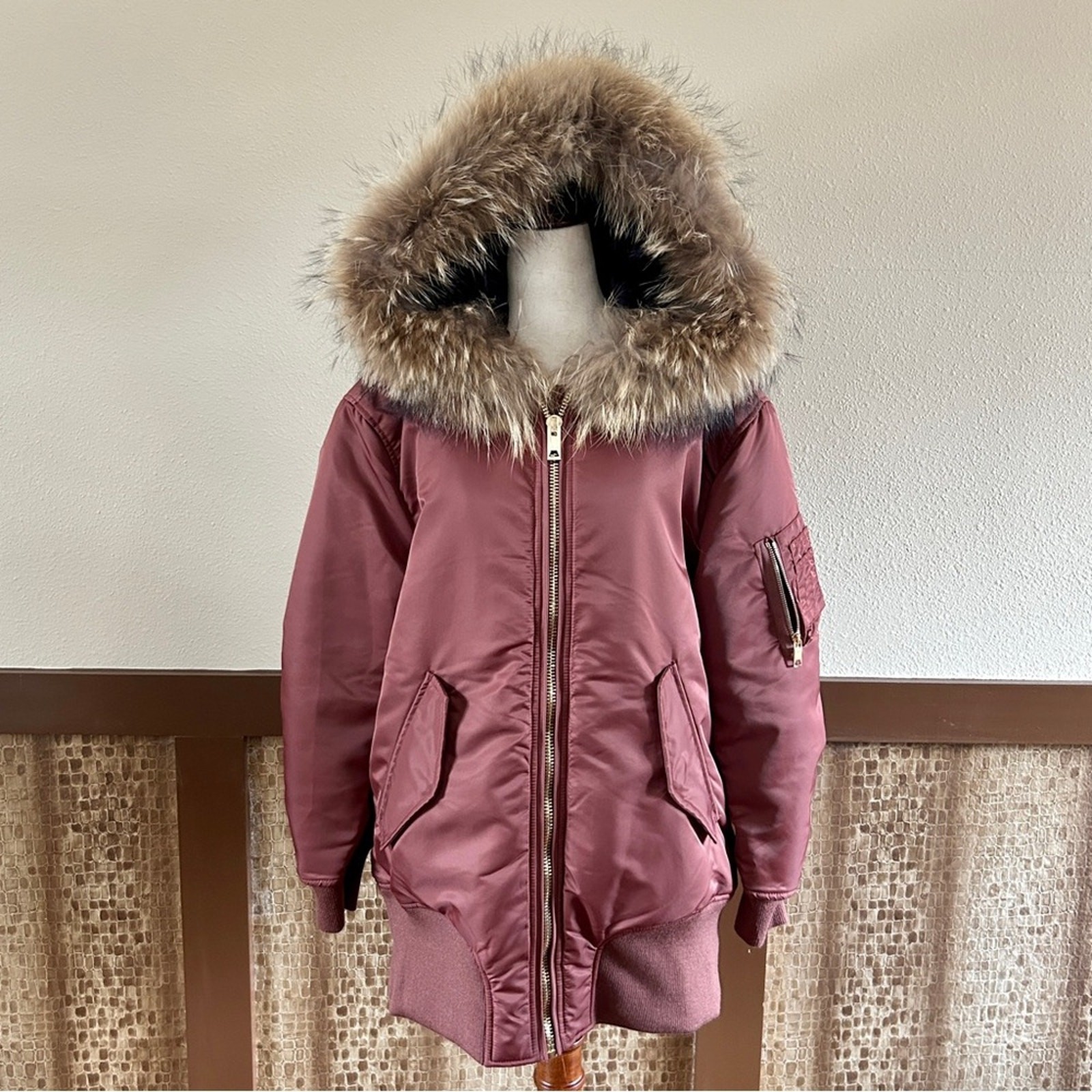 Burberry Antique Rose Fur Trim Hood Longline Bomber Jacket Size Medium